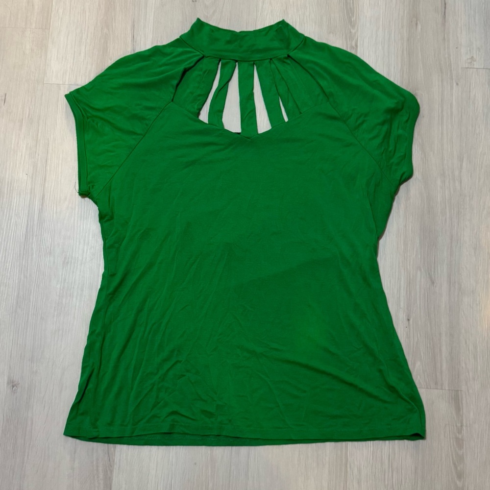 Ashley Stewart Green Cap Sleeve Blouse with Cut Out Mandarin Collar